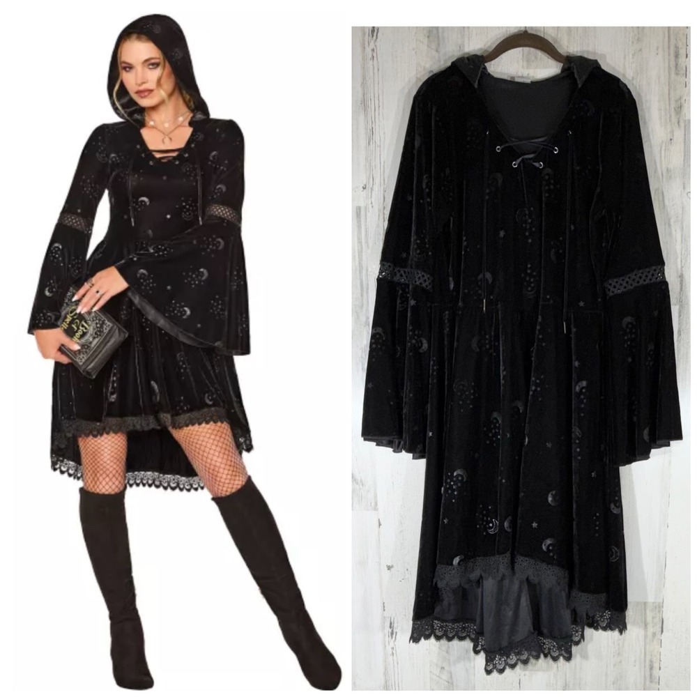 Spirit Halloween Celestial Coven Velvet Hooded Dress XL Witch Goth Star Moon